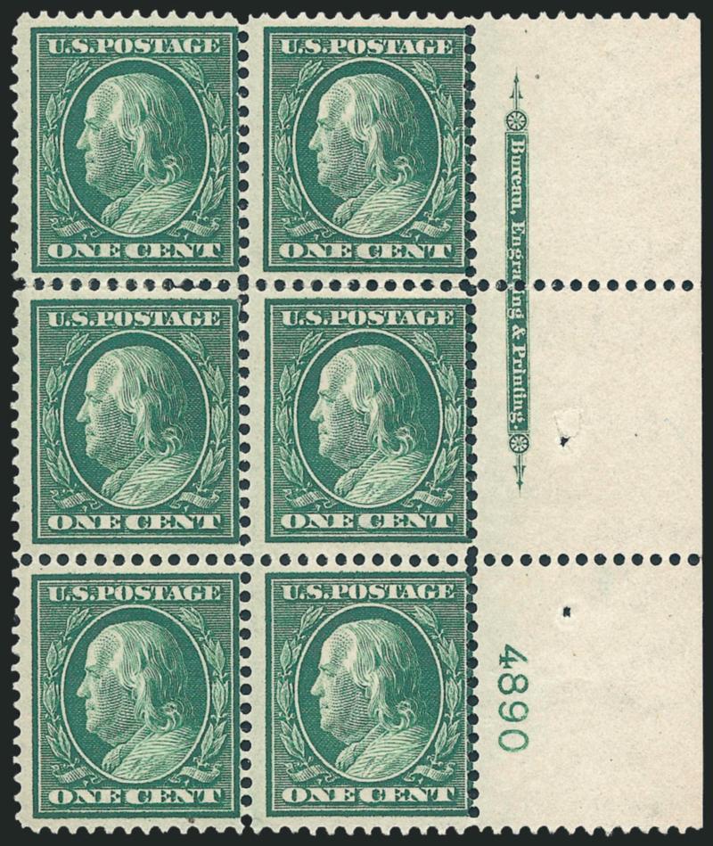 1c Green, Bluish (357).> Right imprint and plate no. 4890 block of six with wide selvage, barely hinged except where some perf separations expertly reinforced, rich color, Very Good-Fine