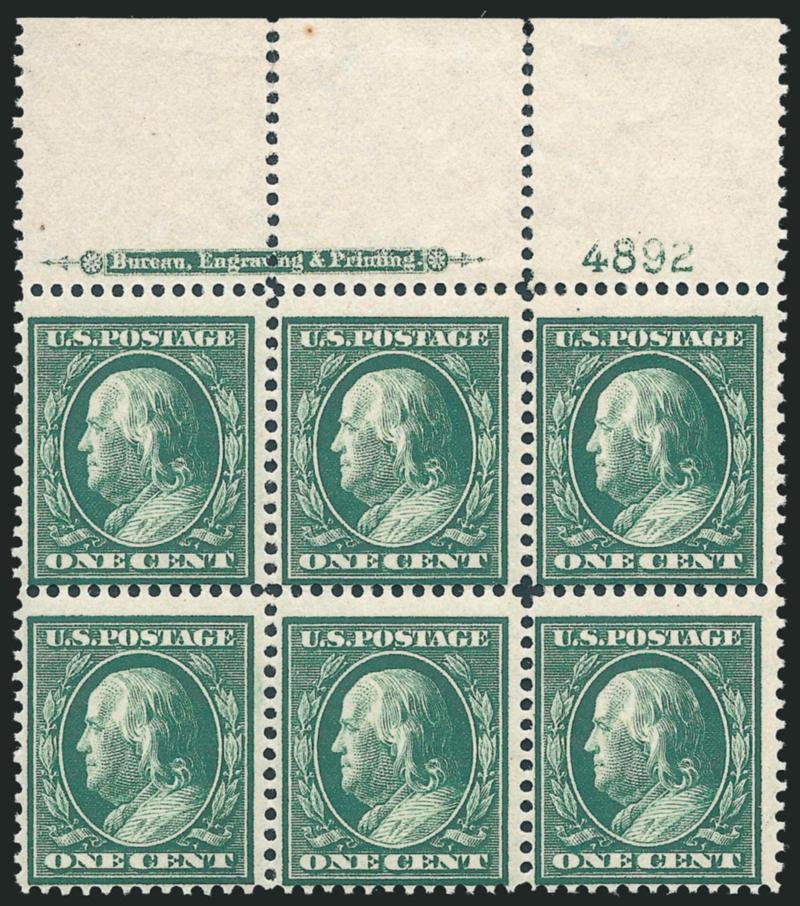 1c Green, Bluish (357).> Top imprint and plate no. 4892 block of six, top left and bottom right stamps Mint N.H., rich color, detailed impression, tiny toned speck and few expertly rejoined perf separations at
top edge of selvage (easily trimmed), Fi