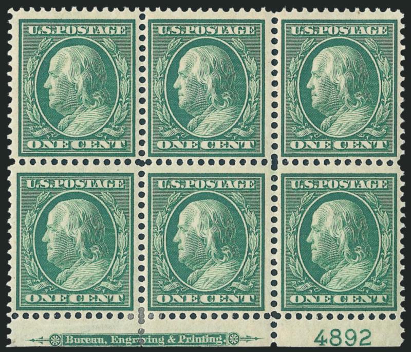 1c Green, Bluish (357).> Bottom imprint and plate no. 4892 block of six, center stamps Mint N.H., others h.r., bright color on nicely blued paper, Fine-Very Fine