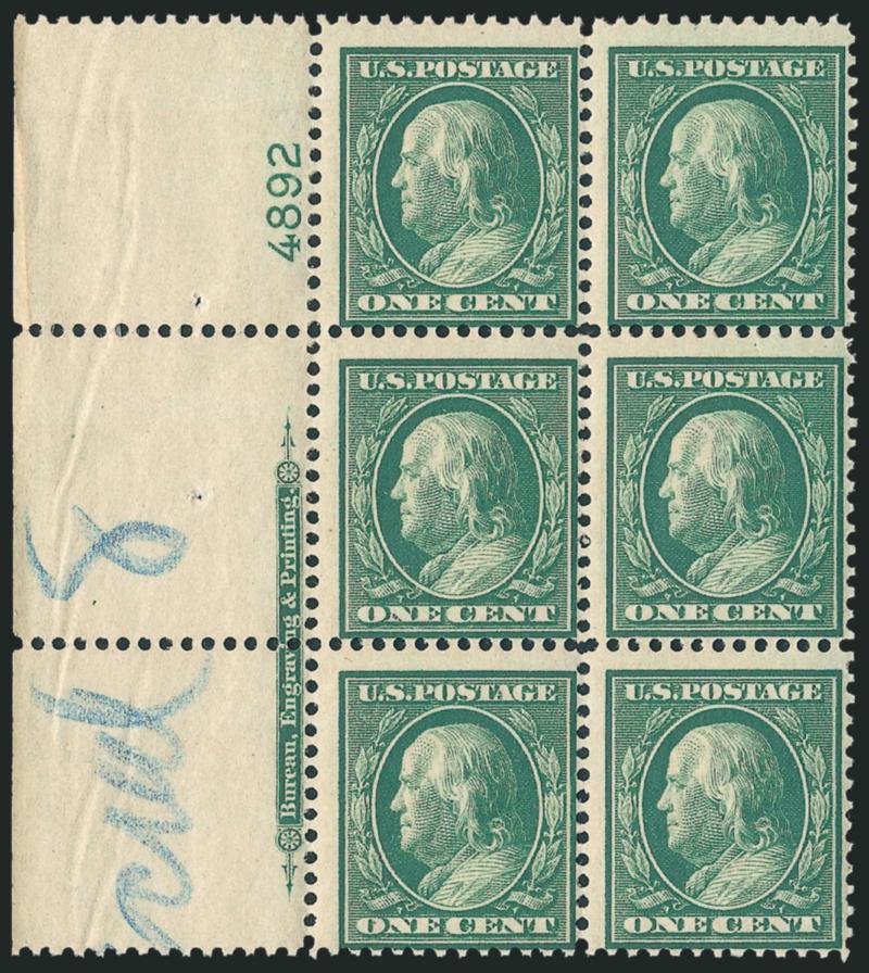 1c Green, Bluish (357).> Mint N.H. left imprint and plate no. 4892 block of six with wide selvage, rich color, deeply blued paper, blue crayon in selvage from post office, Fine