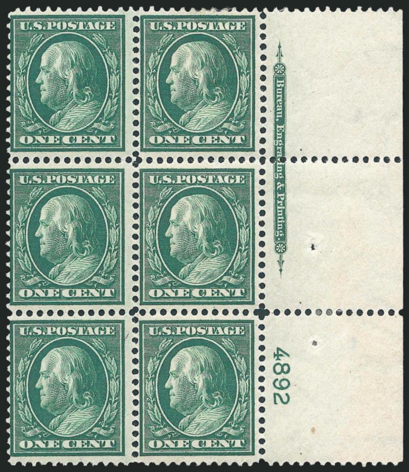 1c Green, Bluish (357).> Right imprint and plate no. 4892 block of six with wide selvage, top left and center stamps Mint N.H., h.r. in selvage and on top right stamp, crisp impression, fresh and Fine
