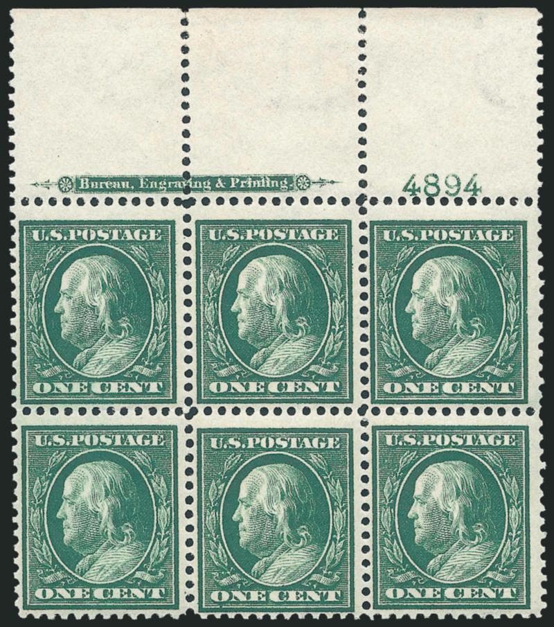 1c Green, Bluish (357).> Mint N.H. top imprint and plate no. 4894 block of six with wide selvage, intense shade on deeply blued paper, hinge traces in ungummed part of selvage, Fine-Very Fine, with 1950 P.F.
certificate, Scott Retail as Mint N.H.