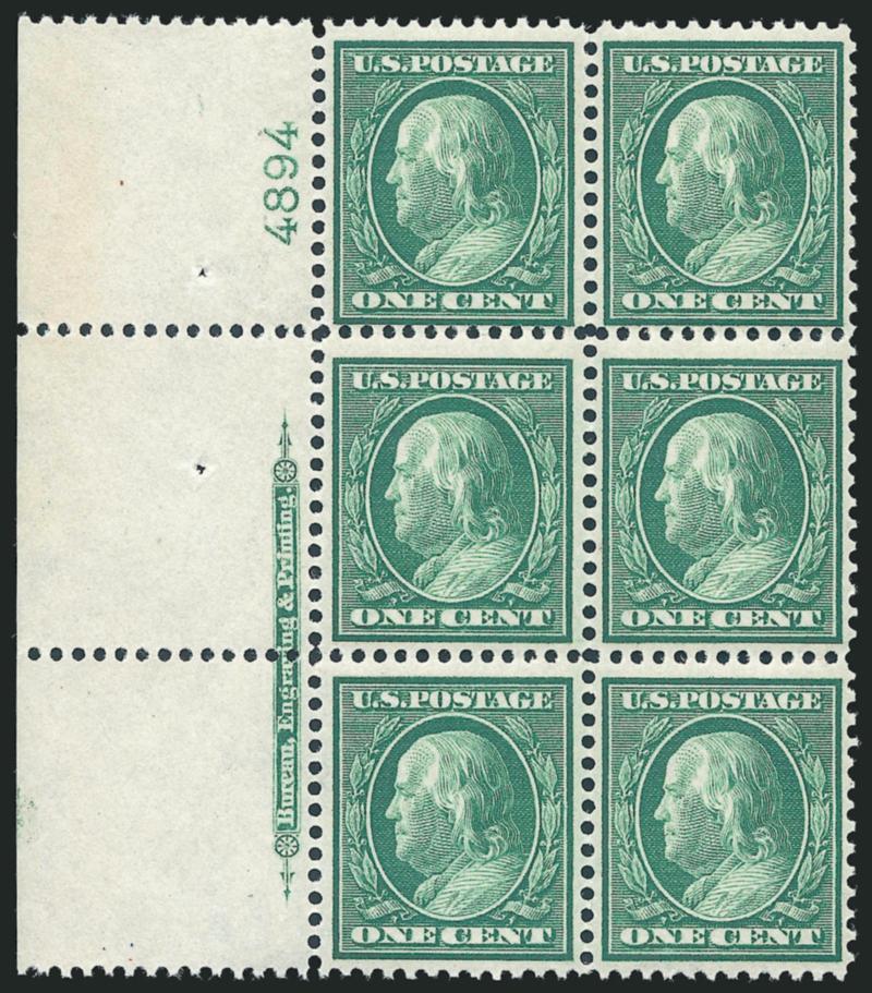 1c Green, Bluish (357).> Mint N.H. left imprint and plate no. 4894 block of six with wide selvage, radiant color on nicely blued paper, bottom stamps trivial natural gum skips, Fine-Very Fine