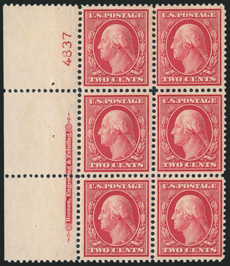 2c Carmine, Bluish (358).> Left imprint and plate no. 4837 block of six with wide selvage, rich color on deeply blued paper, lightly hinged, beautiful centering, Extremely Fine, a fantastic plate block and
certainly one of the finest in existence