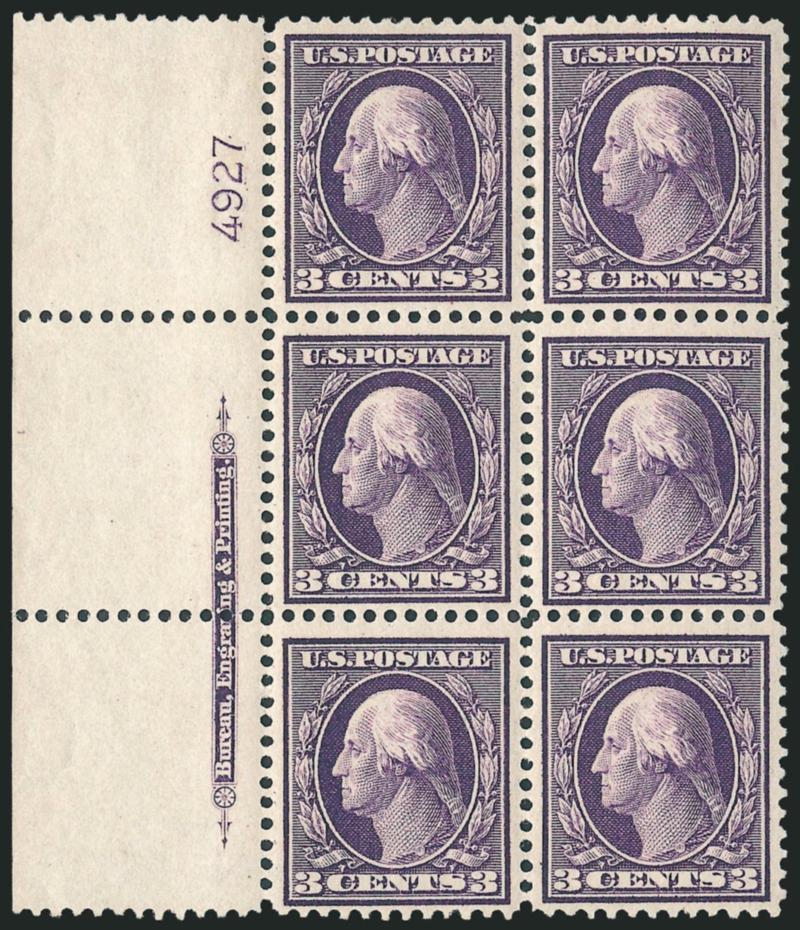 3c Deep Violet, Bluish (359).> Left imprint and plate no. 4927 block of six with wide selvage, few small h.r., deep rich color on nicely blued paper, choice centering for this difficult issue<><>^VERY
FINE-EXTREMELY FINE. A RARE IMPRINT AND PLATE N