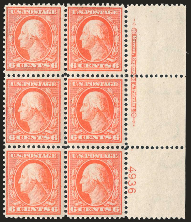 6c Red Orange, Bluish (362).> Right imprint and plate no. 4936 block of six with wide selvage, bottom four stamps Mint N.H. (bottom right stamp with fingerprint on gum), vivid color on nicely blued
paper<><>^FINE-VERY FINE. APPROXIMATELY A DOZEN PL