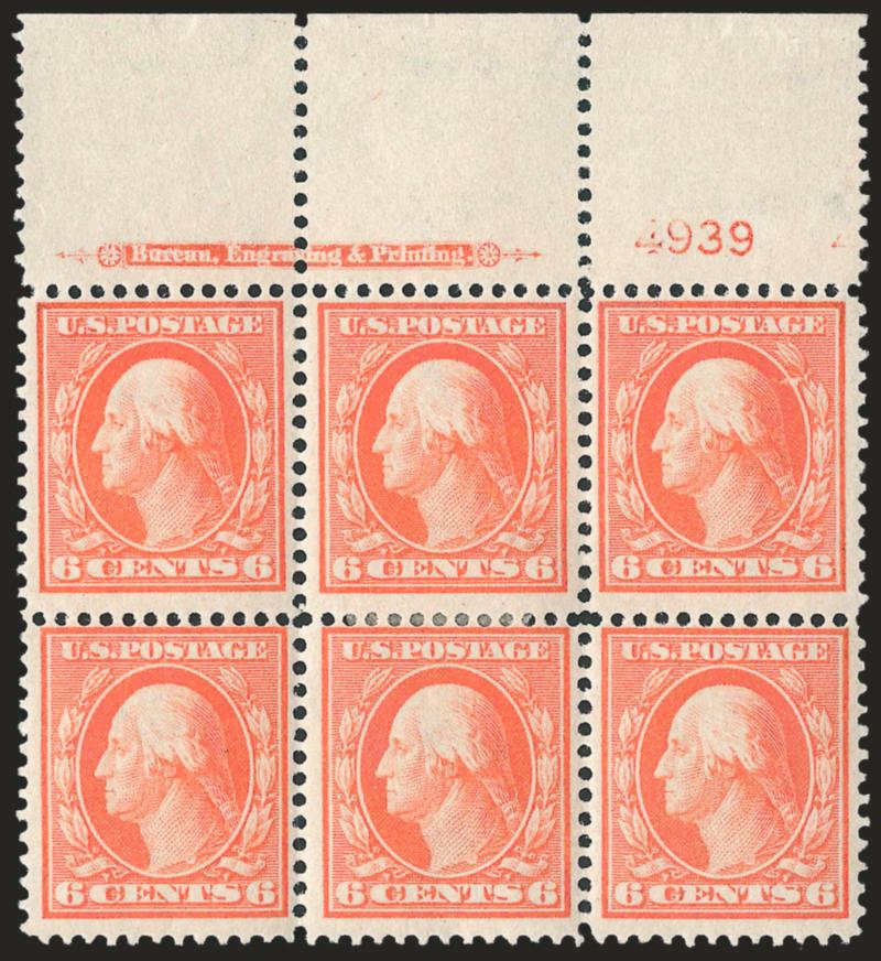 6c Red Orange, Bluish (362).> Top imprint and plate no. 4939 block of six with wide selvage, side four stamps Mint N.H., center stamps small h.r., intense shade on deeply blued paper, top right stamp small
surface scrape<><>^FINE-VERY FINE APPEARAN
