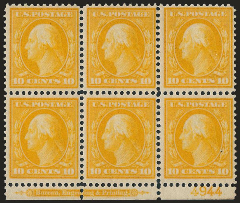 10c Yellow, Bluish (364).> Bottom imprint and plate no. 4944 block of six, four side stamps Mint N.H., intense shade on deeply blued paper, unusually choice centering for this difficult issue<><>^VERY FINE AND
CHOICE. A RARE IMPRINT AND PLATE NUMBE