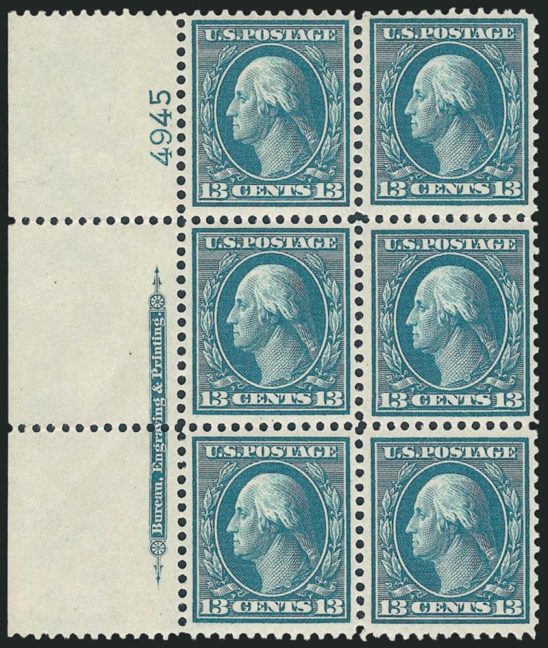 13c Bluish Green, Bluish (365).> Left imprint and plate no. 4945 block of six with wide selvage, center stamps Mint N.H., deep rich color on strongly blued paper<><>^VERY FINE AND CHOICE. A BEAUTIFUL AND RARE
IMPRINT AND PLATE NUMBER BLOCK OF SIX O