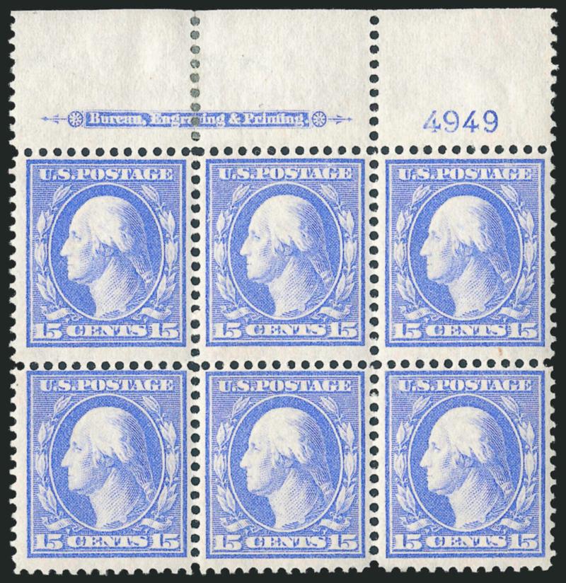 15c Pale Ultramarine, Bluish (366).> Top imprint and plate no. 4949 block of six, lightly hinged, h.r. in selvage where few perfs sensibly reinforced, radiant color on nicely blued paper<><>^FINE-VERY FINE. A
SCARCE TOP POSITION IMPRINT AND PLATE N