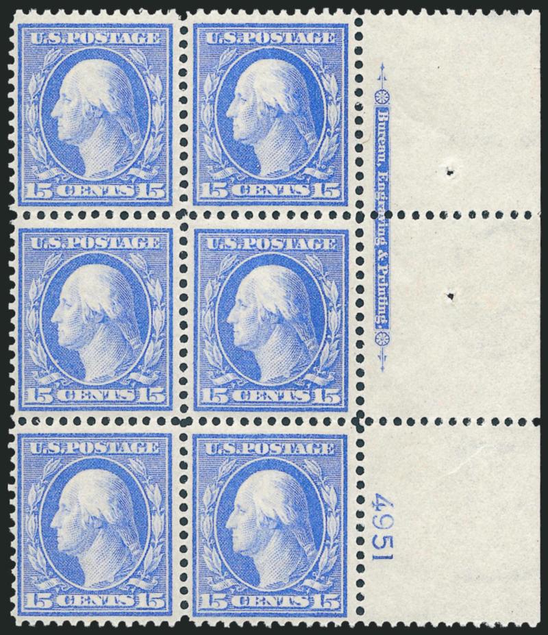 15c Pale Ultramarine, Bluish (366).> Mint N.H. right imprint and plate no. 4951 block of six with wide selvage, intense shade on deeply blued paper, top stamps faint natural gum wrinkle<><>^VERY FINE AND
CHOICE. A BEAUTIFUL MINT NEVER-HINGED RIGHT
