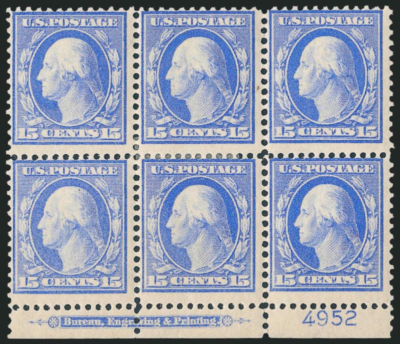 15c Pale Ultramarine, Bluish (366).> Bottom imprint and plate no. 4952 block of six, center stamps h.r., four side stamps Mint N.H., bright shade on deeply blued paper, top center stamp trivial natural
inclusion<><>^FINE. A SCARCE BOTTOM IMPRINT AN