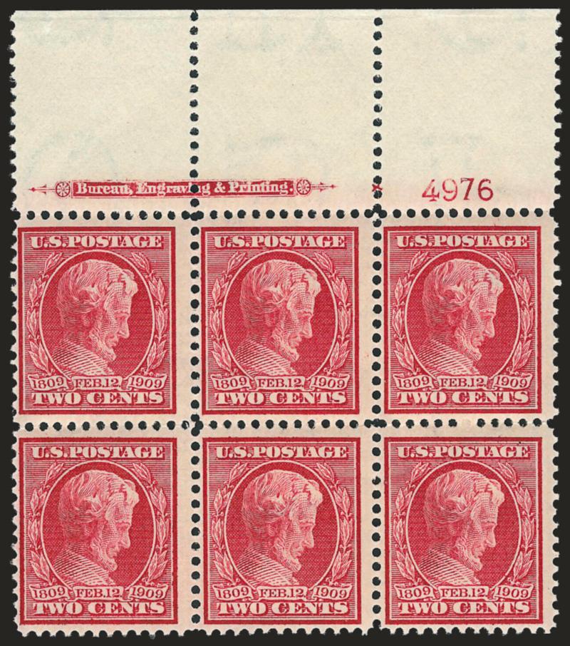 2c Lincoln (367).> Set of four matched imprint, plate no. 4976 and small solid star blocks of six, bottom and left Mint N.H., other two lightly hinged, bright colors, Fine-Very Fine matched set