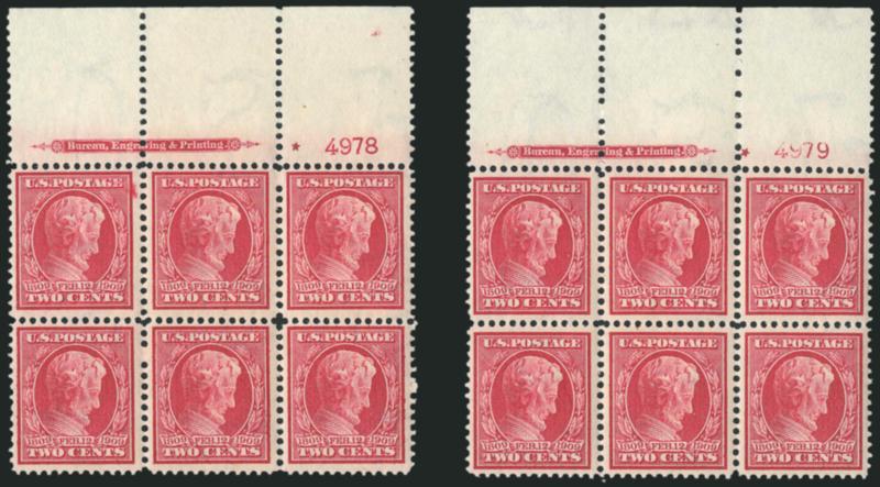 2c Lincoln (367).> Mint N.H. top imprint, plate nos. 4978 and 4979 and small solid star blocks of six with wide selvage, latter is particularly well-centered, Very Fine-Extremely Fine