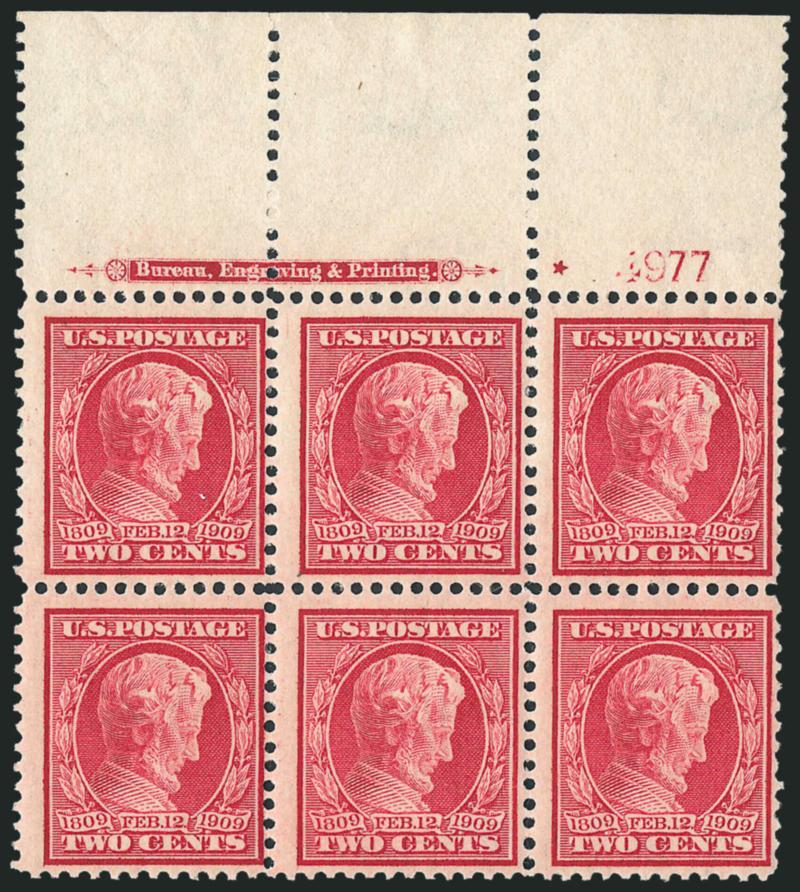 2c Lincoln, Bluish (369).> Top imprint, plate no. 4977 and small solid star block of six with wide selvage, rich color on nicely blued paper, slightly disturbed original gum (not mentioned on accompanying
certificate), Fine, with 1980 P.F. certificat
