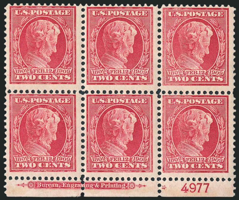 2c Lincoln, Bluish (369).> Mint N.H. bottom imprint, plate no. 4977 and small solid star block of six, slightly dry printing, bright color, light natural gum bends, Fine, with 1980 P.F. certificate
