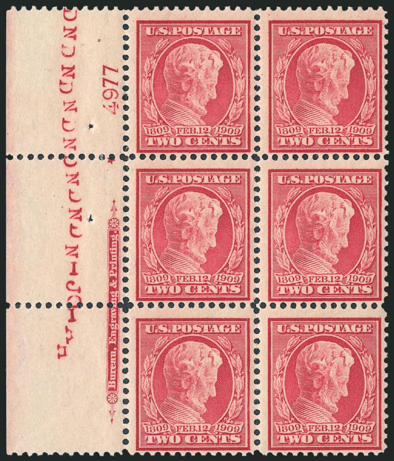 2c Lincoln, Bluish (369).> Left imprint, plate no. 4977 and small solid star block of six, barely disturbed original gum (not mentioned on accompanying certificate), rich color, Fine-Very Fine, with 1980 P.F.
certificate