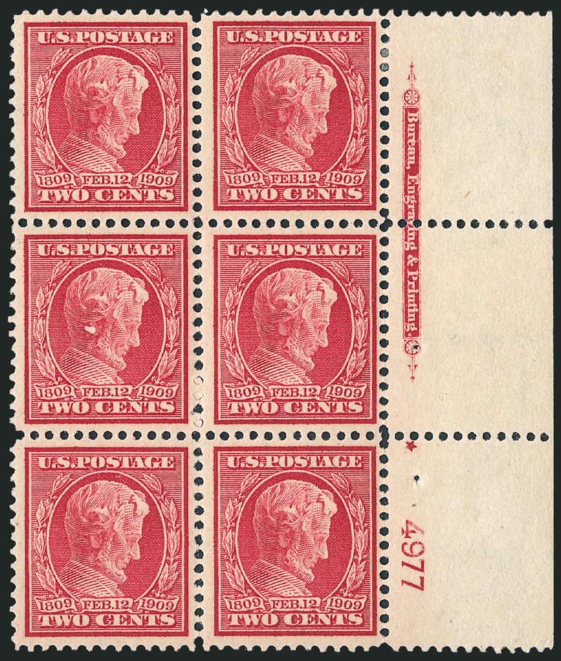 2c Lincoln, Bluish (369).> Right imprint, plate no. 4977 and small solid star block of six, bottom row and center right stamps Mint N.H., bright color, top left stamp small corner crease, left center stamp
small scrape, bottom left stamp with small p