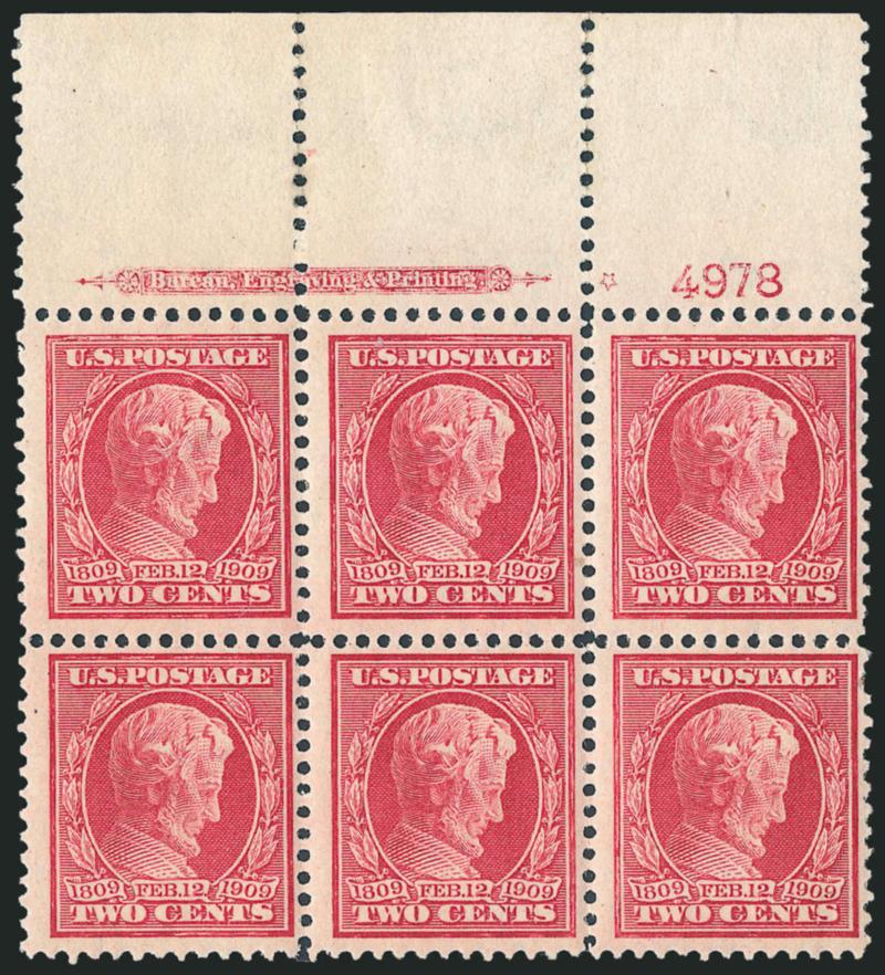 2c Lincoln, Bluish (369).> Top imprint, plate no. 4978 and small solid star block of six with wide selvage, lightly hinged, slightly dry print causing phantom hollow star, few expertly rejoined perf
separations, short perf at bottom right, otherwis