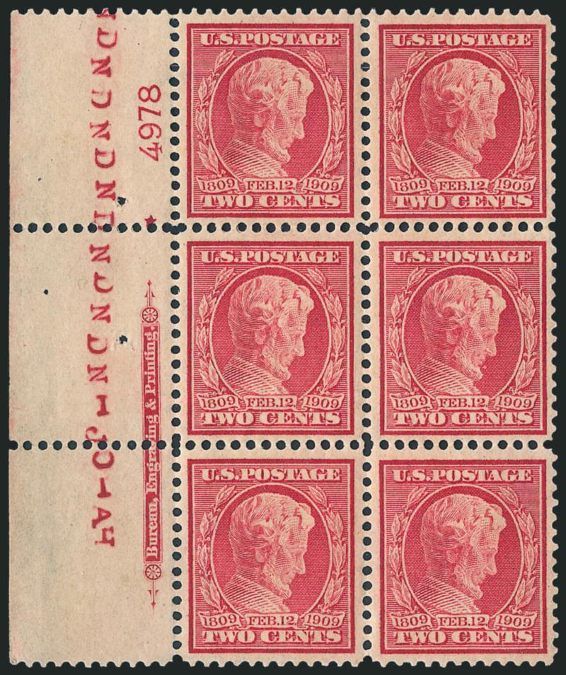 2c Lincoln, Bluish (369).> Left imprint, plate no. 4978 and small solid star block of six, slightly disturbed original gum (not mentioned on accompanying certificate), intense shade and impression on deeply
blued paper, choice centering, Extremely Fi
