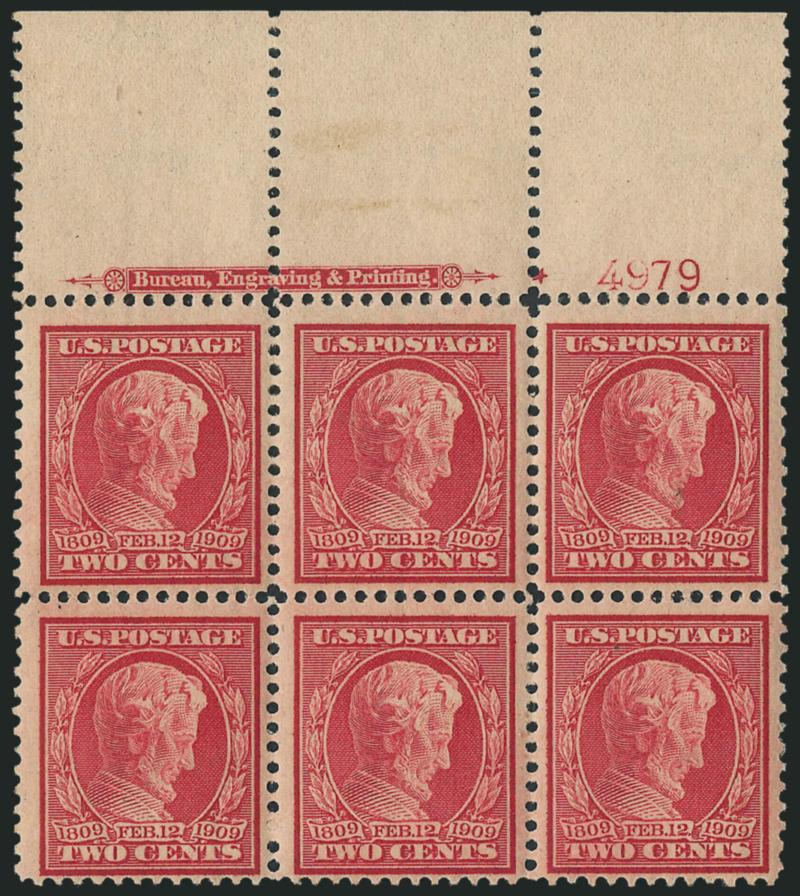 2c Lincoln, Bluish (369).> Top imprint, plate no. 4979 and small solid star block of six with wide selvage, glazed original gum, intense shade, Fine-Very Fine, with 1975 A.P.S. certificate