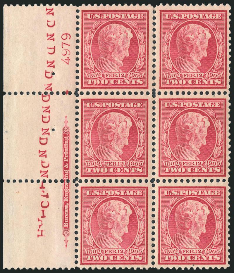 2c Lincoln, Bluish (369).> Left imprint, plate no. 4979 and small solid star block of six, barely hinged except where some perf separations reinforced (almost looks Mint N.H. and not mentioned on accompanying
certificate), brilliant color, well-balan