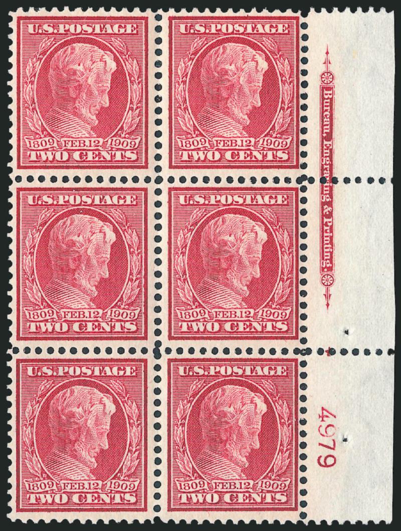 2c Lincoln, Bluish (369).> Right imprint, plate no. 4979 and small solid star block of six, center stamps Mint N.H., brilliant color and crisp impression on nicely blued paper, fresh and Fine-Very Fine, with
1999 P.F. certificate