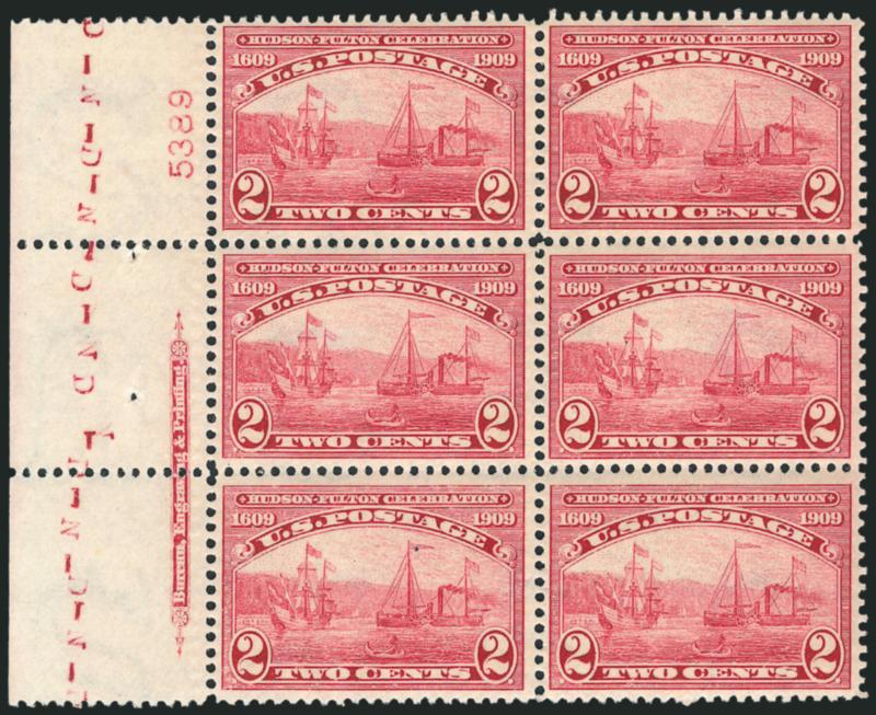 2c Hudson-Fulton (372).> Left imprint and plate no. 5389 block of six, bottom pair Mint N.H., brilliant color, gorgeous centering, Extremely Fine, a beautiful plate block