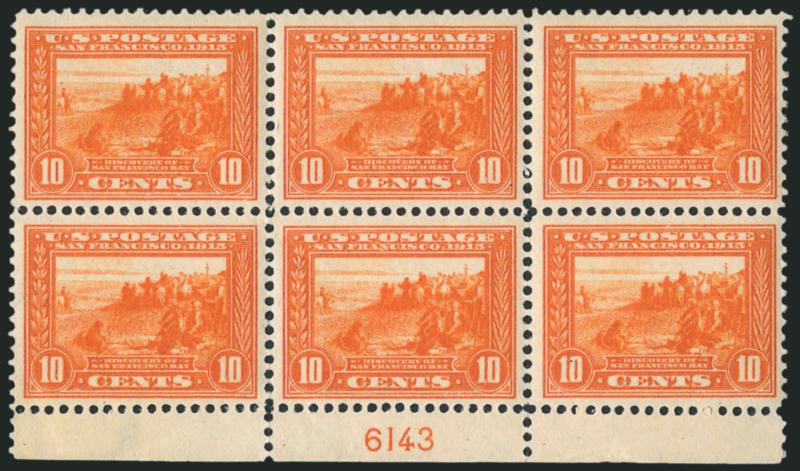 10c Orange, Panama-Pacific (400A).> Bottom plate no. 6143 block of six, five stamps Mint N.H., top right stamp previously hinged, bottom left stamp naturally short gum, radiant color on bright paper<><>^VERY
FINE. A BEAUTIFULLY CENTERED PLATE NUMBE