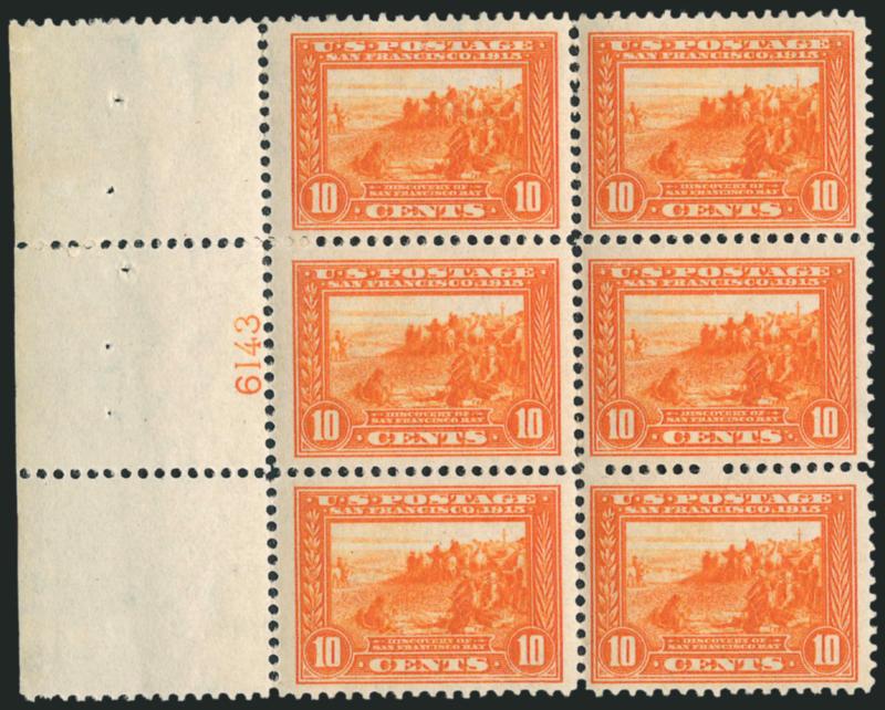 10c Orange, Panama-Pacific (400A).> Left plate no. 6143 block of six with wide selvage, intense shade and impression, lightly hinged, attractive offset on back<><>^FINE-VERY FINE. A REMARKABLY CHOICE PLATE
NUMBER BLOCK OF SIX OF THE 10-CENT ORANGE