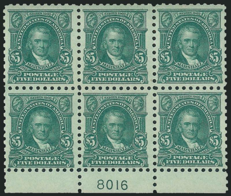 $5.00 Light Green (480).> Bottom plate no. 8016 block of six, lightly hinged, brilliant color, unusually choice centering<><>^VERY FINE AND CHOICE. A BEAUTIFUL PLATE BLOCK OF THE $5.00 MARSHALL PERF
10.^<><>This is the only plate number used to p