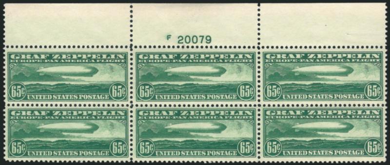 65c Graf Zeppelin (C13).> Mint N.H. top plate no. 20079 and F block of six, rich color on bright paper, light natural gum bends, Very Fine and choice, a lovely top position plate block