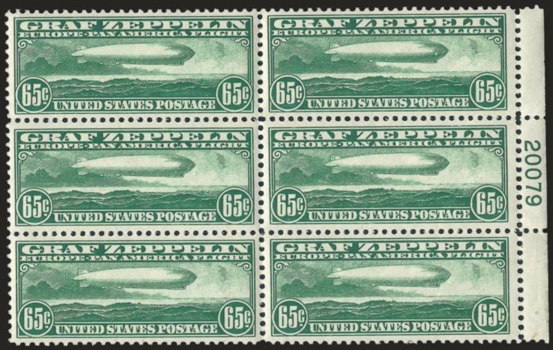 65c Graf Zeppelin (C13).> Mint N.H. right plate no. 20079 block of six, bright shade, few trivial perf separations, Very Fine-Extremely Fine, beautiful centering and condition