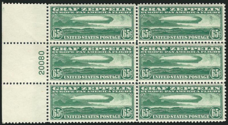 65c Graf Zeppelin (C13).> Mint N.H. left plate no. 20080 block of six with wide selvage, detailed impression on bright paper, well-balanced margins, Very Fine-Extremely Fine, a choice plate block with a couple
of Gem stamps contained within, includin