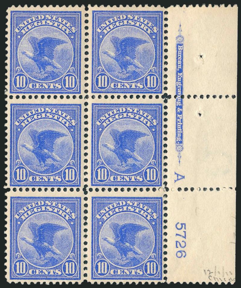 10c Ultramarine, Registration (F1).> Right imprint, plate no. 5726 and A block of six, five stamps Mint N.H., top right stamp h.r., deep rich color and proof-like impression, fresh and Fine-Very Fine