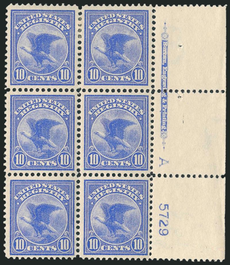 10c Ultramarine, Registration (F1).> Right imprint, plate no. 5729 and A block of six, center left stamp Mint N.H., others h.r., deep rich color and proof-like impression, top right stamp small thin spot,
Fine-Very Fine appearance