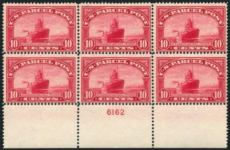 10c Parcel Post (Q6).> Mint N.H. bottom plate no. 6162 block of six with wide selvage, gorgeous color and impression, Fine, an attractive Mint N.H. plate block