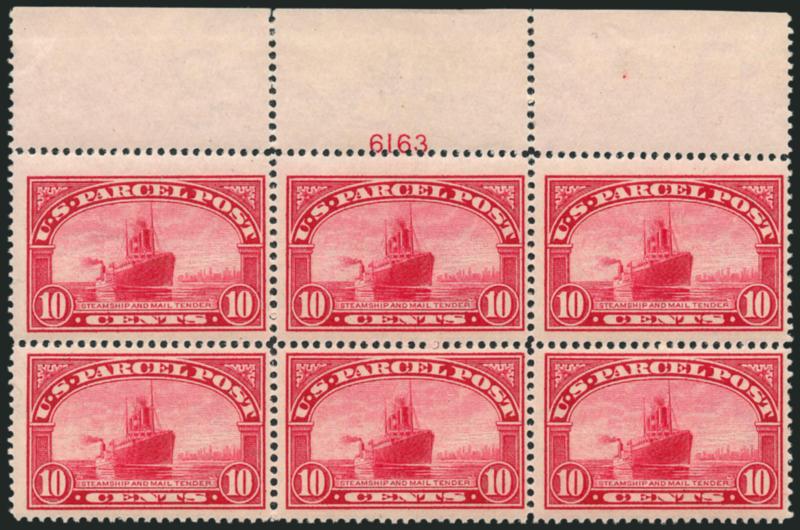 10c Parcel Post (Q6).> Top plate no. 6163 block of six with wide selvage, stamps Mint N.H., small h.r. at top center, top right stamp natural gum skips, few minor perf separations, Fine-Very Fine