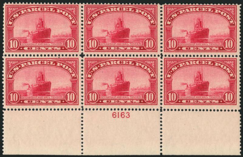 10c Parcel Post (Q6).> Bottom plate no. 6163 bock of six with wide selvage, bottom stamps Mint N.H., top stamps lightly hinged, radiant color, trivial natural inclusion, Fine-Very Fine, with 1981 P.F.
certificate
