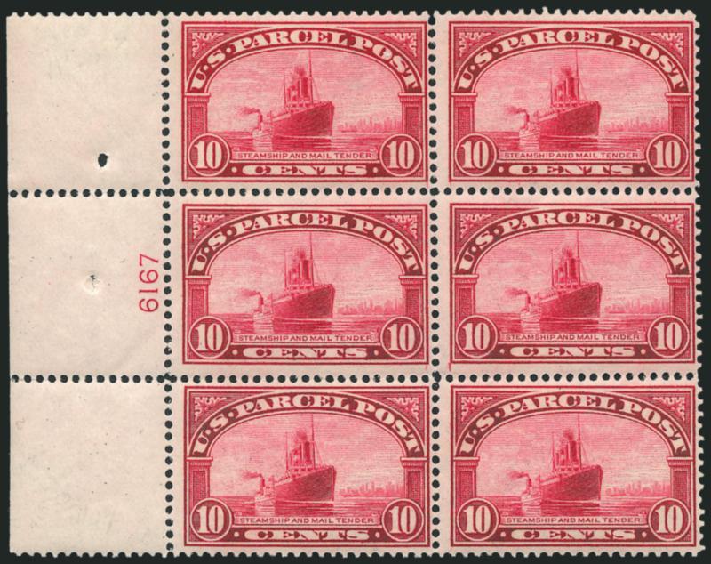 10c Parcel Post (Q6).> Mint N.H. wide left plate no. 6167 block of six, intense shade which is probably the Carmine sub-shade on bright paper, Fine, an attractive Mint N.H. plate block with great visual
appeal