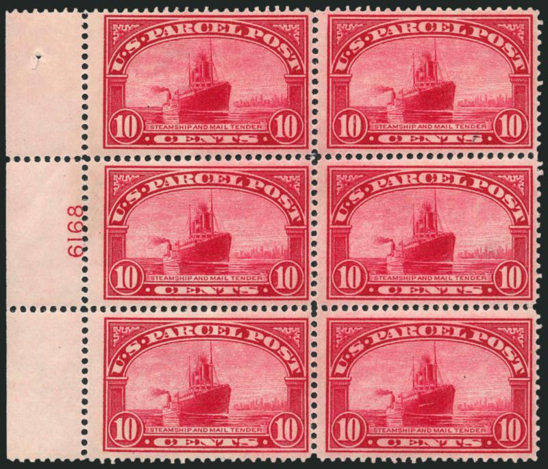 10c Parcel Post (Q6).> Left plate no. 6168 block of six, intense shade and impression, plate no. single Mint N.H., tiny natural inclusion at right, Fine
