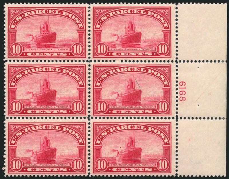 10c Parcel Post (Q6).> Right plate no. 6168 block of six with wide selvage, stamps Mint N.H., very lightly hinged in selvage right of staple holes, radiant color, Very Fine and choice, a stunning plate block,
Scott Retail as hinged