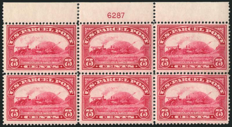 75c Parcel Post (Q11).> Top plate no. 6287 block of six with narrow selvage, five stamps Mint N.H., plate no. single small h.r., bright shade, few perf separations at top left, bottom left stamp light natural
paper wrinkle, Fine