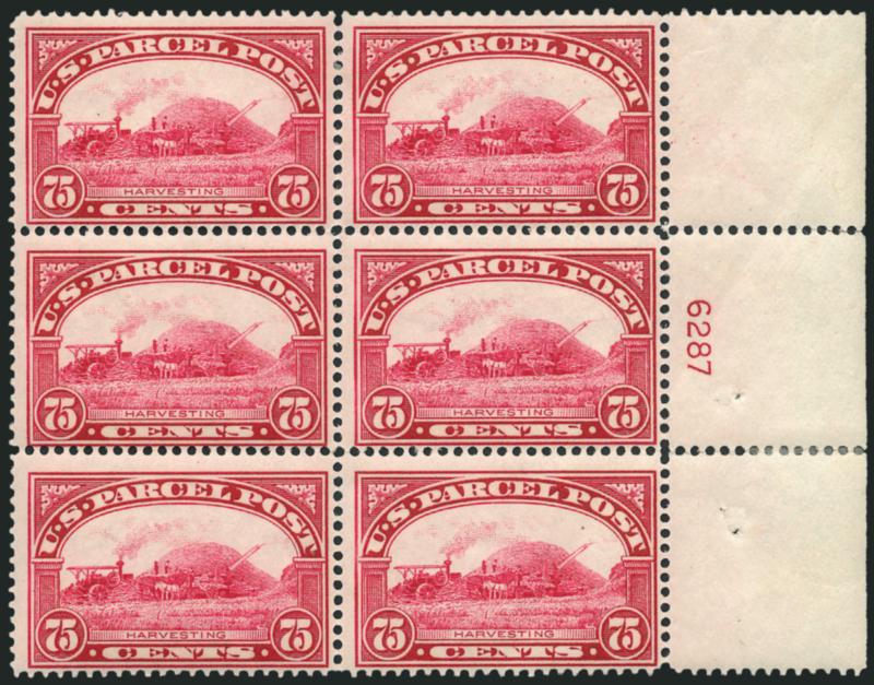 75c Parcel Post (Q11).> Right plate no. 6287 block of six with wide selvage, bright shade, detailed impression, h.r. in selvage where few perf separations sensibly reinforced, single bit heavy natural gum bend,
Fine