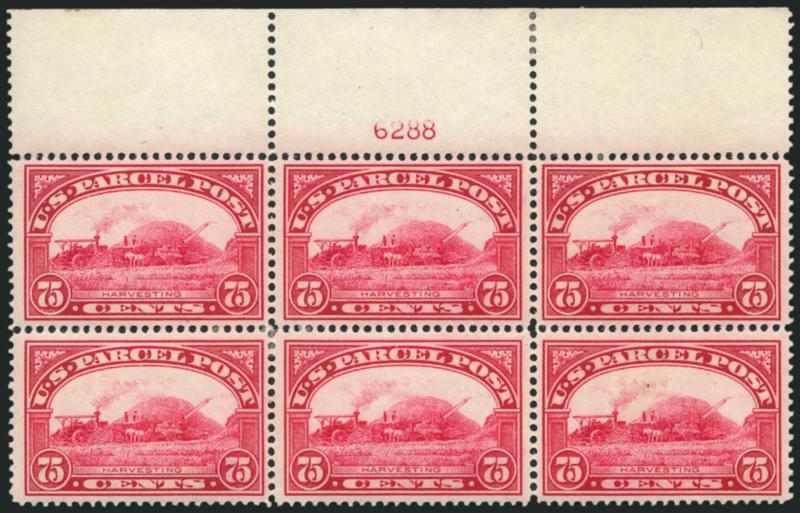 75c Parcel Post (Q11).> Top plate no. 6288 block of six with wide selvage, few small h.r., bright shade, detailed impression<><>^VERY-FINE EXTREMELY FINE. A WONDERFULLY CHOICE TOP POSITION PLATE BLOCK OF THE
75-CENT PARCEL POST ISSUE.^<><>Top pos
