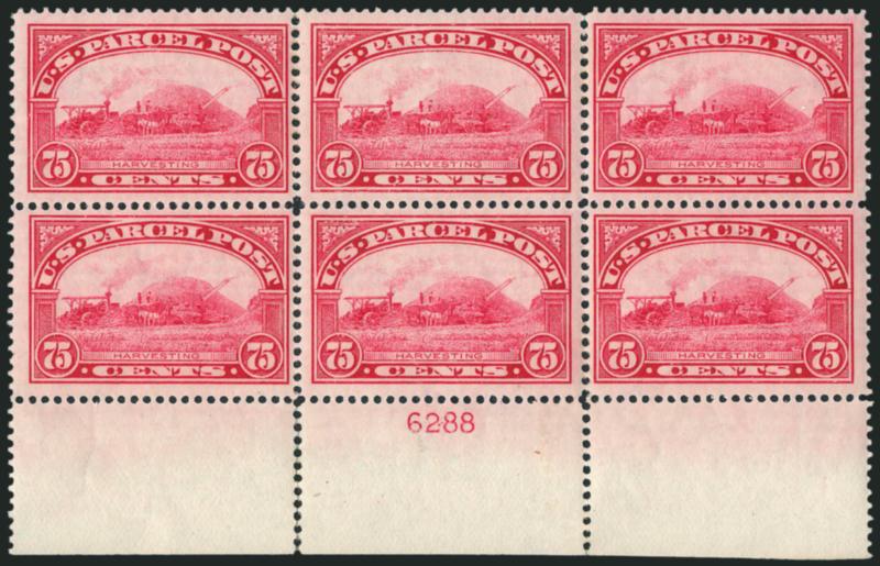 75c Parcel Post (Q11).> Bottom plate no. 6288 block of six with wide selvage, stamps Mint N.H., brilliant color, some expertly rejoined perf separations in selvage at left, Fine-Very Fine, an attractive plate
block, Scott Retail as hinged