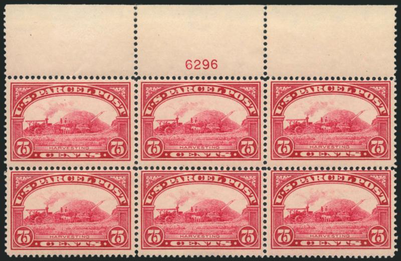 75c Parcel Post (Q11).> Top plate no. 6296 block of six with wide selvage, Mint N.H. except where some perf separations expertly rejoined in selvage only, bright color, crisp impression, Fine-Very Fine