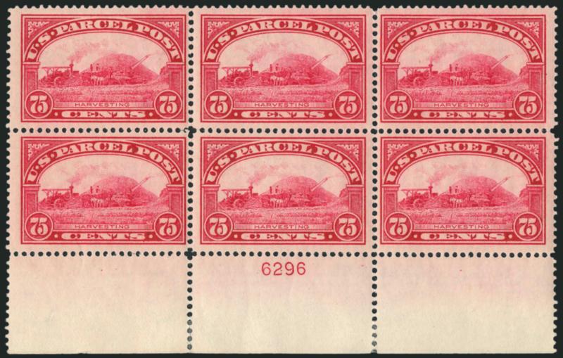 75c Parcel Post (Q11).> Bottom plate no. 6296 block of six with wide selvage, bottom row and top center stamps Mint N.H., radiant color, crisp impression, small h.r. in selvage where few perf separations
sensibly reinforced, Fine-Extremely Fine, the