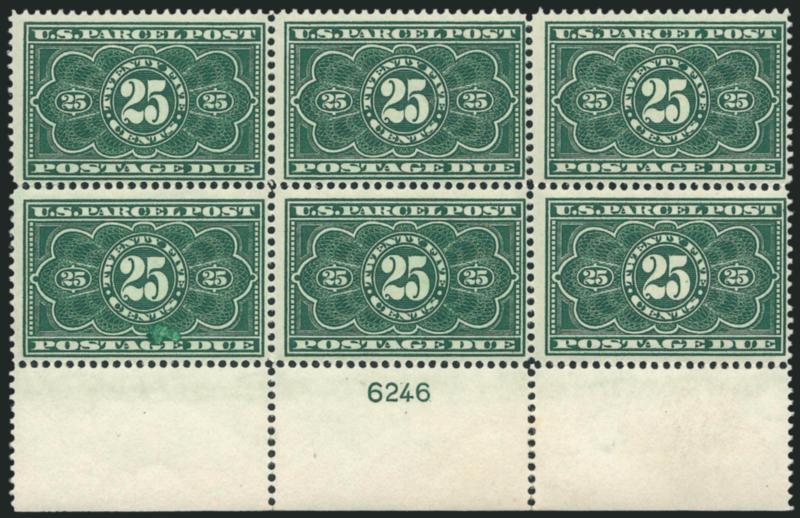 25c Dark Green, Parcel Post Postage Due (JQ5).> Mint N.H. bottom plate no. 6246 block of six with wide selvage, rich color and proof-like impression, bottom left stamp unusual inking flaw<><>^FINE. AN
INCREDIBLY RARE MINT NEVER-HINGED PLATE BLOCK O