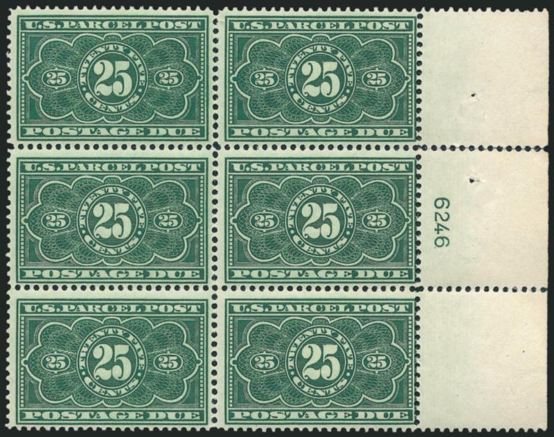 25c Dark Green, Parcel Post Postage Due (JQ5).> Right plate no. 6246 bock of six with wide selvage, stamps Mint N.H., few expertly reinforced perf separations in selvage, radiant color, crisp impression, Fine,
a scarce plate block